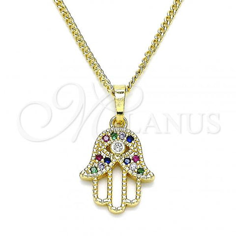 Oro Laminado Pendant Necklace, Gold Filled Style Hand of God Design, with Multicolor and White Micro Pave, Polished, Golden Finish, 04.210.0056.1.20