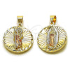 Oro Laminado Religious Pendant, Gold Filled Style Guadalupe and San Judas Design, Diamond Cutting Finish, Two Tone, 05.120.0102