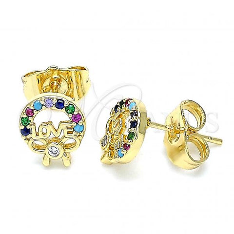Oro Laminado Stud Earring, Gold Filled Style Love and Bow Design, with Multicolor Micro Pave, Polished, Golden Finish, 02.210.0466.1