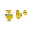 Oro Laminado Stud Earring, Gold Filled Style Heart and Flower Design, Diamond Cutting Finish, Golden Finish, 02.342.0279