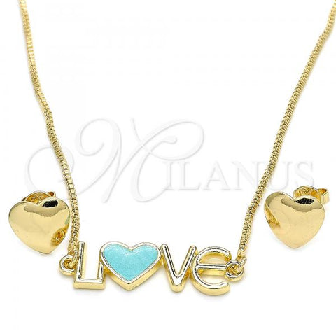 Oro Laminado Earring and Pendant Adult Set, Gold Filled Style Love and Heart Design, Turquoise Enamel Finish, Golden Finish, 06.63.0214