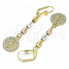 Oro Laminado Long Earring, Gold Filled Style Guadalupe Design, with White Crystal, Polished, Tricolor, 02.351.0027.1
