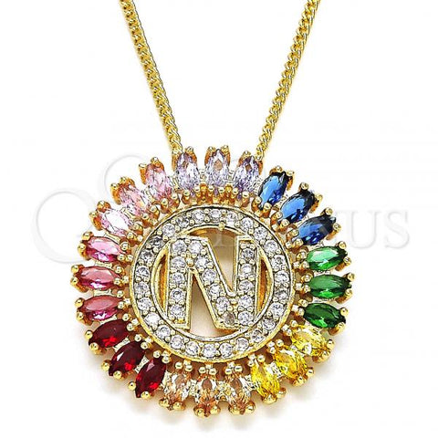 Oro Laminado Pendant Necklace, Gold Filled Style Initials Design, with Multicolor Cubic Zirconia, Polished, Golden Finish, 04.210.0018.1.20