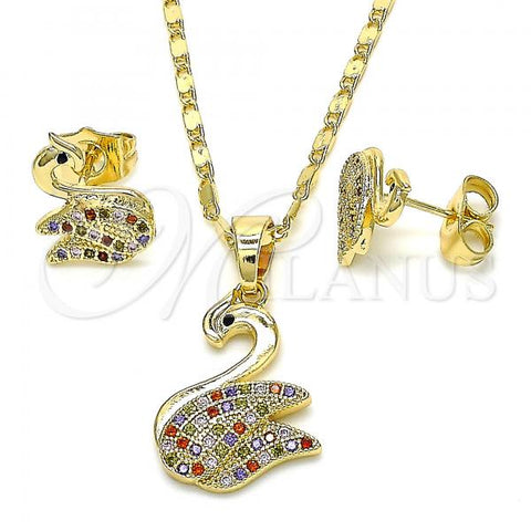 Oro Laminado Earring and Pendant Adult Set, Gold Filled Style Swan Design, with Multicolor Micro Pave, Polished, Golden Finish, 10.316.0039