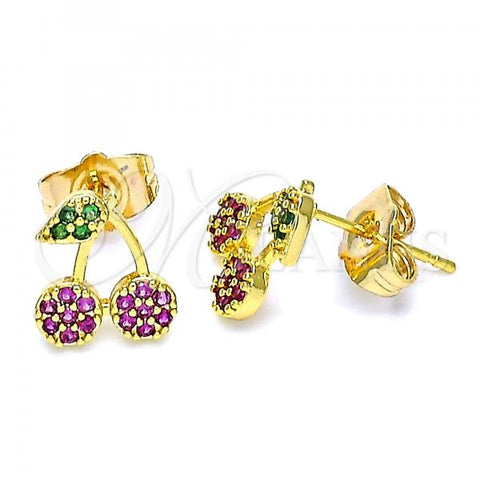 Oro Laminado Stud Earring, Gold Filled Style Cherry Design, with Ruby and Green Micro Pave, Polished, Golden Finish, 02.310.0047