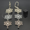Oro Laminado Long Earring, Gold Filled Style Flower Design, with White Cubic Zirconia, Diamond Cutting Finish, Tricolor, 5.077.006