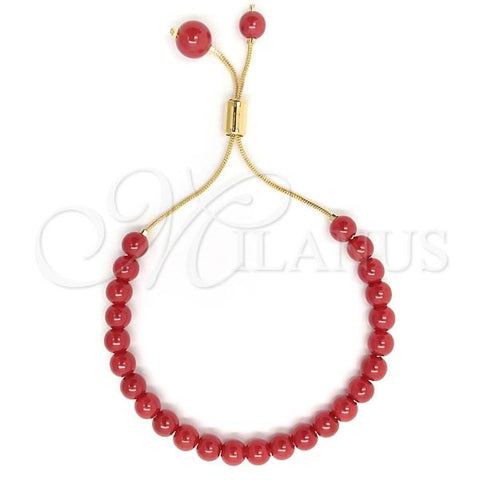Oro Laminado Adjustable Bolo Bracelet, Gold Filled Style Ball Design, with Garnet Pearl, Polished, Golden Finish, 03.32.0575