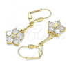 Oro Laminado Long Earring, Gold Filled Style Flower and Star Design, with White Cubic Zirconia, Polished, Golden Finish, 02.387.0063.1