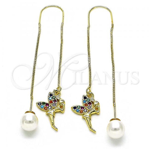 Oro Laminado Threader Earring, Gold Filled Style Angel Design, with Multicolor Micro Pave, Polished, Golden Finish, 02.210.0810.1