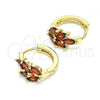 Oro Laminado Huggie Hoop, Gold Filled Style Leaf Design, with Garnet Cubic Zirconia, Polished, Golden Finish, 02.210.0649.1.15