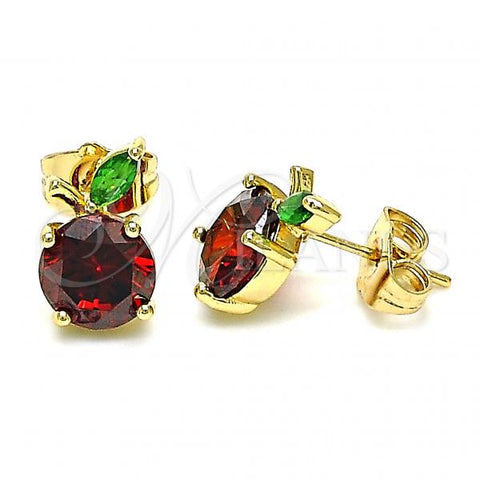 Oro Laminado Stud Earring, Gold Filled Style Apple Design, with Garnet and Green Cubic Zirconia, Polished, Golden Finish, 02.210.0474