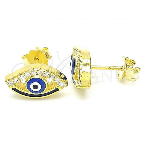 Sterling Silver Stud Earring, Evil Eye Design, with White Cubic Zirconia, Blue Enamel Finish, Golden Finish, 02.336.0166.2
