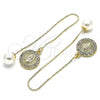 Oro Laminado Threader Earring, Gold Filled Style Guadalupe Design, with White Crystal, Polished, Golden Finish, 02.253.0007