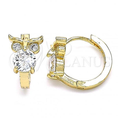 Oro Laminado Huggie Hoop, Gold Filled Style Owl Design, with White Cubic Zirconia, Polished, Golden Finish, 02.210.0620.15