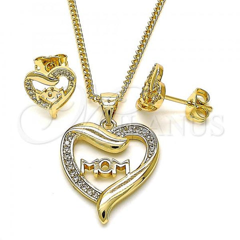 Oro Laminado Earring and Pendant Adult Set, Gold Filled Style Mom and Heart Design, with White Micro Pave, Polished, Golden Finish, 10.342.0030