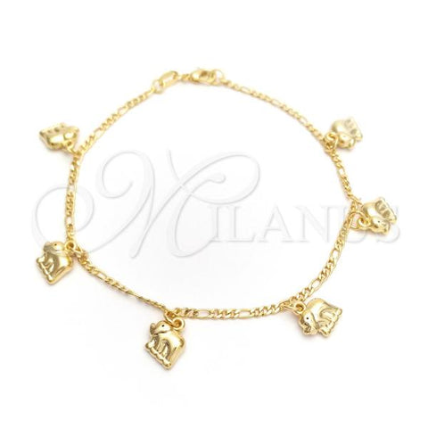 Oro Laminado Charm Anklet , Gold Filled Style Elephant and Figaro Design, Polished, Golden Finish, 03.32.0539.10