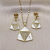 Oro Laminado Earring and Pendant Adult Set, Gold Filled Style with Ivory Mother of Pearl and White Micro Pave, Polished, Golden Finish, 10.196.0109