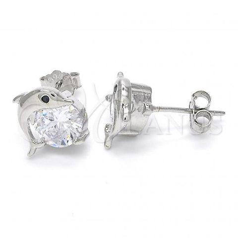 Sterling Silver Stud Earring, Dolphin Design, with Black and White Cubic Zirconia, Polished, Rhodium Finish, 02.336.0075