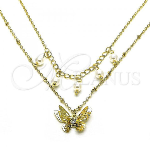 Oro Laminado Fancy Necklace, Gold Filled Style Butterfly and Rolo Design, with White Cubic Zirconia and Ivory Pearl, Polished, Golden Finish, 04.213.0291.14