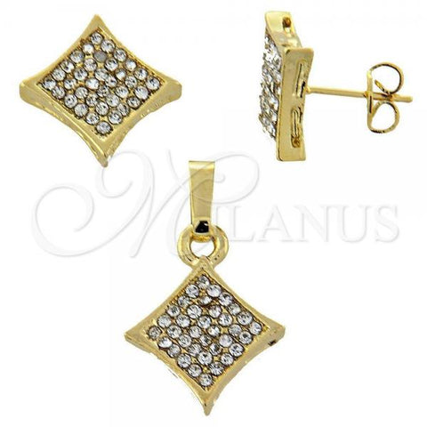 Oro Laminado Earring and Pendant Adult Set, Gold Filled Style with White Crystal, Polished, Golden Finish, 10.164.0017