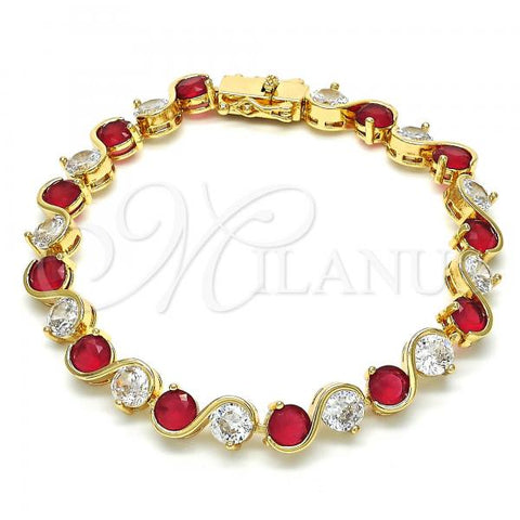 Oro Laminado Tennis Bracelet, Gold Filled Style with Ruby and White Cubic Zirconia, Polished, Golden Finish, 03.210.0068.2.08