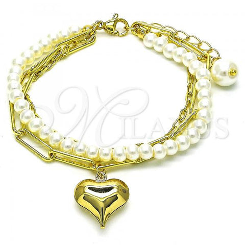 Oro Laminado Fancy Bracelet, Gold Filled Style Heart and Paperclip Design, with Ivory Pearl, Polished, Golden Finish, 03.405.0010.07