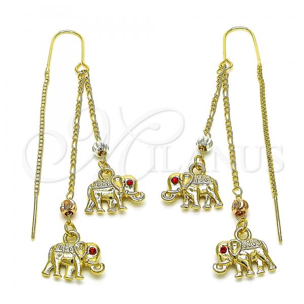 Oro Laminado Threader Earring, Gold Filled Style Elephant Design, with Garnet Crystal, Polished, Tricolor, 02.253.0069