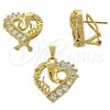Oro Laminado Earring and Pendant Adult Set, Gold Filled Style Heart Design, with Cubic Zirconia, Golden Finish, 5.054.001