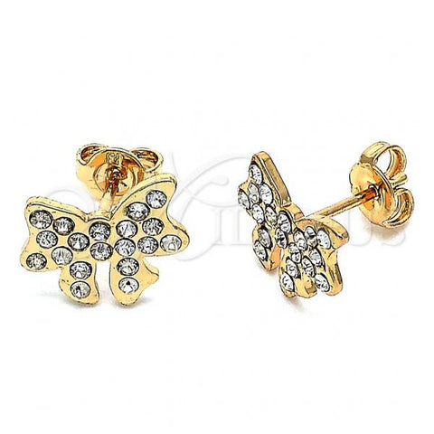 Oro Laminado Stud Earring, Gold Filled Style Bow Design, with White Crystal, Polished, Golden Finish, 02.59.0061