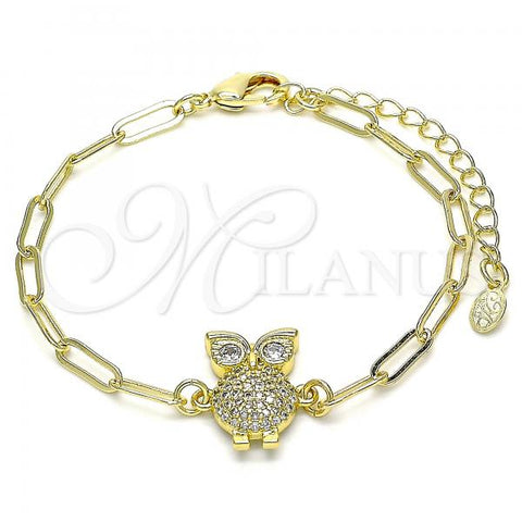Oro Laminado Fancy Bracelet, Gold Filled Style Owl and Paperclip Design, with White Micro Pave, Polished, Golden Finish, 03.313.0028.07