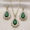 Oro Laminado Earring and Pendant Adult Set, Gold Filled Style Cluster and Teardrop Design, with Green and White Cubic Zirconia, Polished, Golden Finish, 10.196.0194