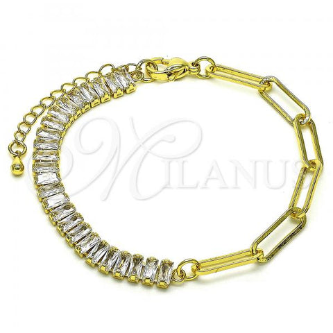 Oro Laminado Fancy Bracelet, Gold Filled Style Paperclip Design, with White Cubic Zirconia, Polished, Golden Finish, 03.341.0169.07