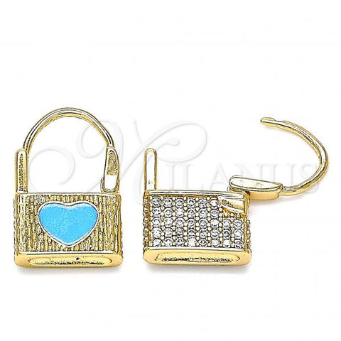 Oro Laminado Huggie Hoop, Gold Filled Style Lock and Heart Design, with White Micro Pave, Blue Enamel Finish, Golden Finish, 02.213.0210.2.10