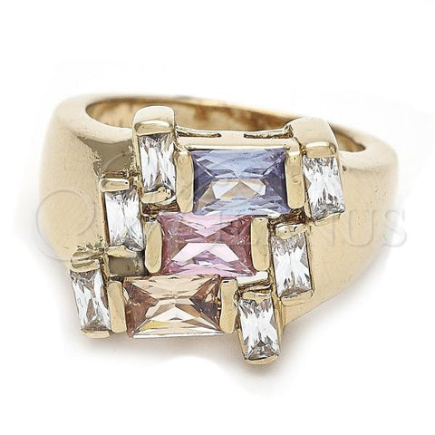 Oro Laminado Multi Stone Ring, Gold Filled Style Baguette Design, with Multicolor and White Cubic Zirconia, Polished, Golden Finish, 5.172.004.07 (Size 7)