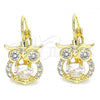 Oro Laminado Leverback Earring, Gold Filled Style Owl Design, with White Cubic Zirconia, Polished, Golden Finish, 02.210.0434