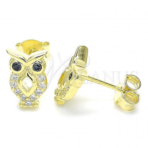 Sterling Silver Stud Earring, Owl Design, with Black and White Cubic Zirconia, Polished, Golden Finish, 02.336.0124.2
