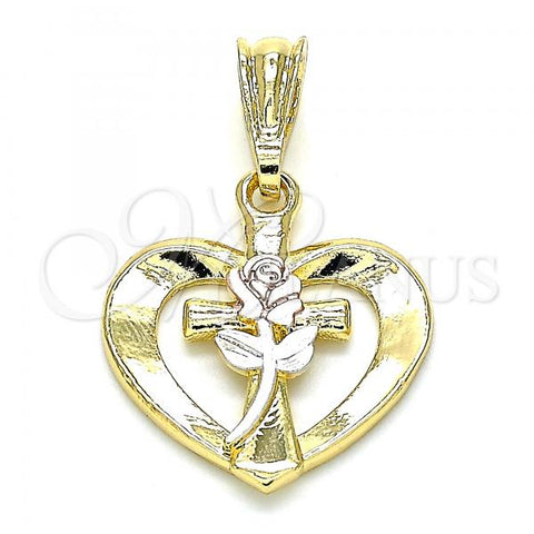 Oro Laminado Fancy Pendant, Gold Filled Style Heart and Flower Design, Polished, Tricolor, 05.351.0077