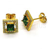 Oro Laminado Stud Earring, Gold Filled Style with Green Cubic Zirconia and White Micro Pave, Polished, Golden Finish, 02.342.0208