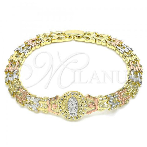 Oro Laminado Fancy Bracelet, Gold Filled Style Guadalupe and Flower Design, with White Micro Pave, Diamond Cutting Finish, Tricolor, 03.380.0098.07