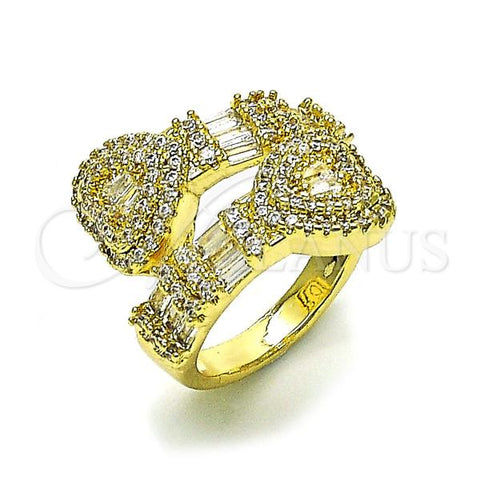 Oro Laminado Multi Stone Ring, Gold Filled Style Heart and Baguette Design, with White Cubic Zirconia and White Micro Pave, Polished, Golden Finish, 01.283.0033