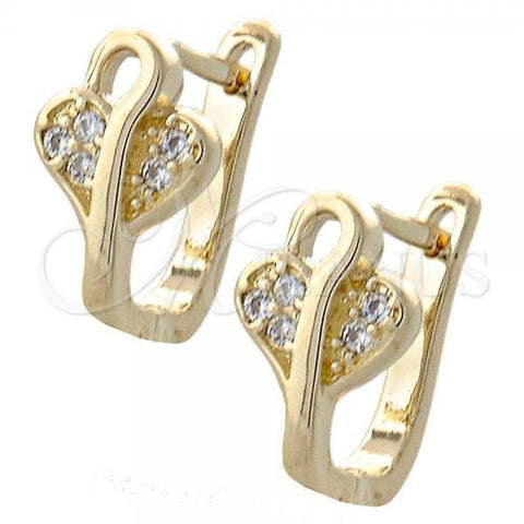 Oro Laminado Huggie Hoop, Gold Filled Style Heart Design, with White Micro Pave, Polished, Golden Finish, 02.155.0057