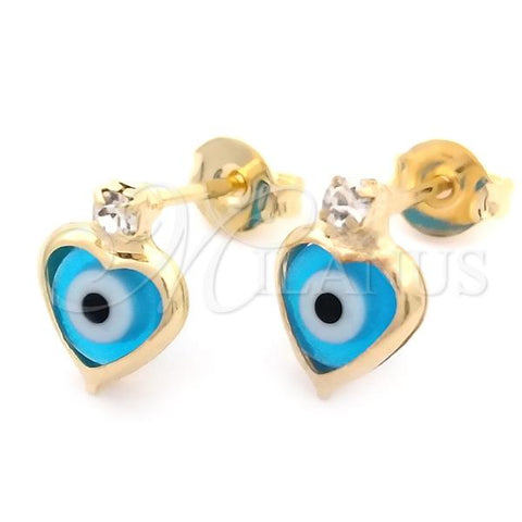 Oro Laminado Stud Earring, Gold Filled Style Evil Eye Design, with Turquoise Crystal and White Cubic Zirconia, Polished, Golden Finish, 02.02.0491