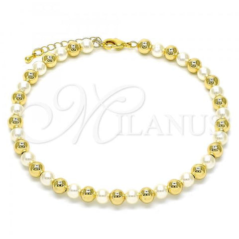 Oro Laminado Fancy Anklet, Gold Filled Style Ball Design, with Ivory Pearl, Polished, Golden Finish, 03.63.2228.10