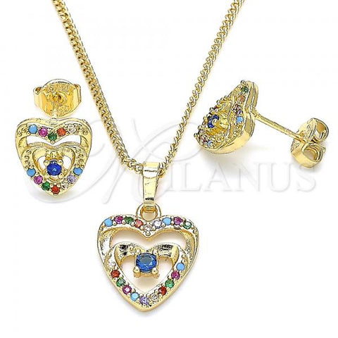 Oro Laminado Earring and Pendant Adult Set, Gold Filled Style Heart Design, with Multicolor Micro Pave and White Cubic Zirconia, Polished, Golden Finish, 10.233.0032