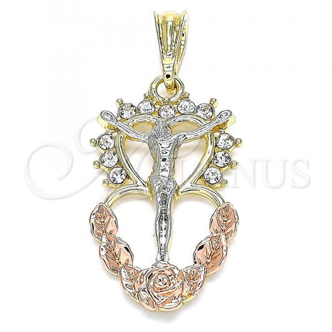 Oro Laminado Religious Pendant, Gold Filled Style Jesus and Heart Design, with White Crystal, Polished, Tricolor, 05.380.0061
