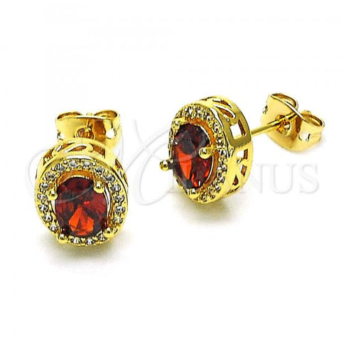Oro Laminado Stud Earring, Gold Filled Style with Garnet Cubic Zirconia and White Micro Pave, Polished, Golden Finish, 02.342.0202.1