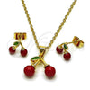 Oro Laminado Earring and Pendant Adult Set, Gold Filled Style Cherry Design, with Garnet Pearl, Polished, Golden Finish, 10.282.0008