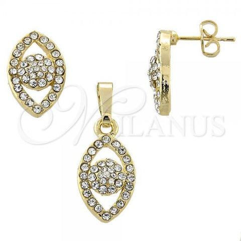 Oro Laminado Earring and Pendant Adult Set, Gold Filled Style Teardrop Design, with White Crystal, Polished, Golden Finish, 10.164.0012