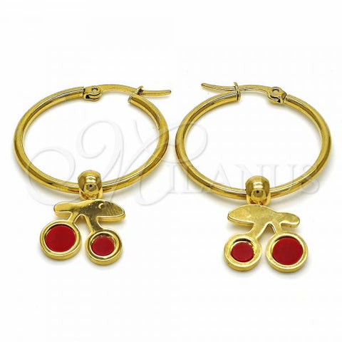 Stainless Steel Medium Hoop, Cherry Design, Red Enamel Finish, Golden Finish, 02.364.0001.30