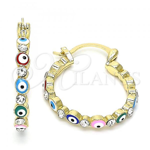 Oro Laminado Small Hoop, Gold Filled Style Evil Eye Design, with White Crystal, Multicolor Enamel Finish, Golden Finish, 02.213.0315.25